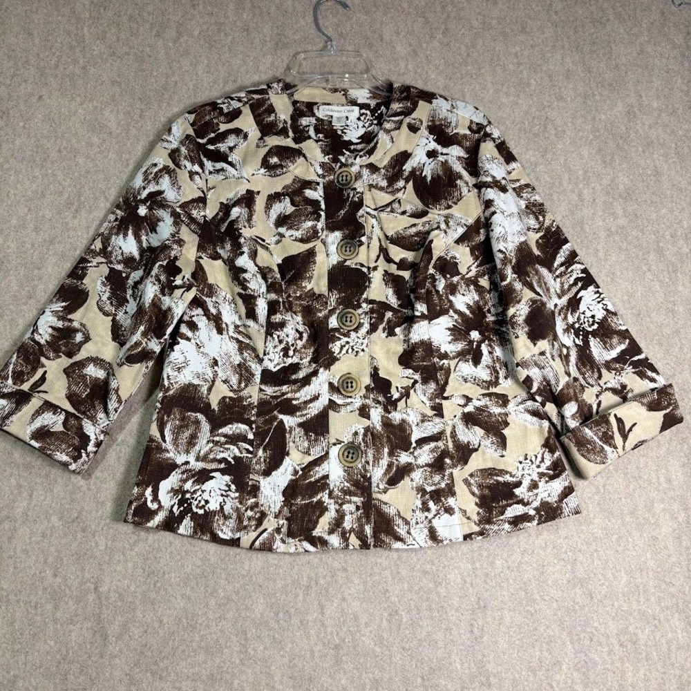 Coldwater Creek Jacket Womens 12 Brown Cotton Linen Floral Boho Classic Blazer